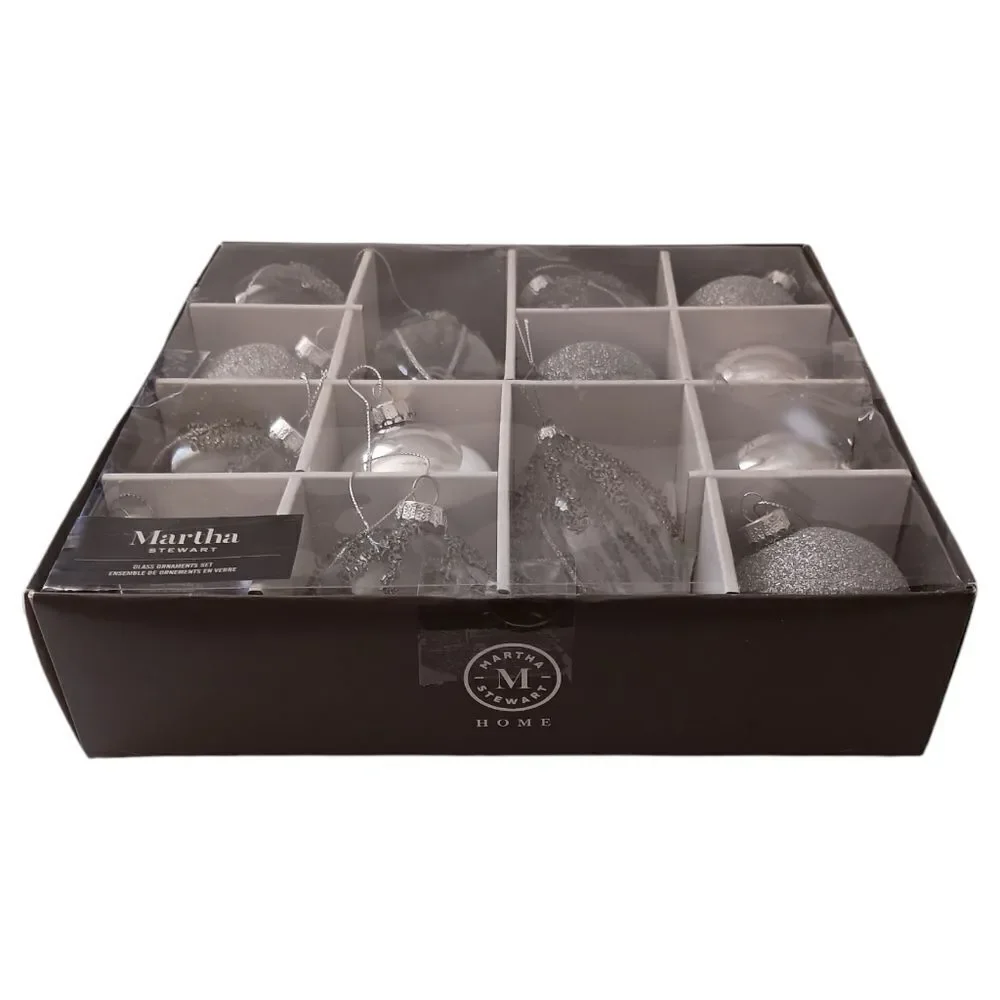 14 Martha Stewart Silver Glass Ornament Set Christmas Beaded‎ Glittery Bedford
